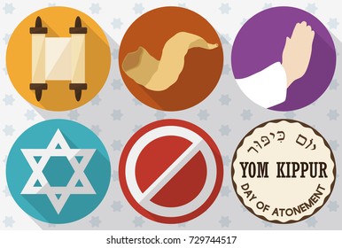 Banner in flat style and long shadow with colorful icons to celebrate Yom Kippur (or Day of Atonement, written in Hebrew): scrolls, shofar horn, hands praying, David's star, symbol of abstinence.