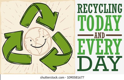 Banner in flat style made out of recycled paper with recycle arrows and happy smiling planet with ecological message to celebrate Recycling Day everyday.