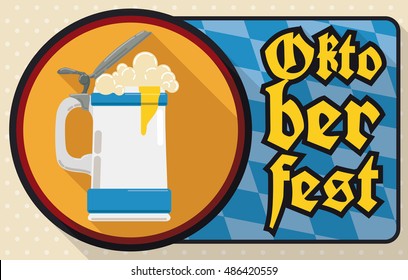 Banner in flat style with round button with stein and frothy beer ready to Oktoberfest celebration and a sign with lozenge background commemorating Bavaria flag.