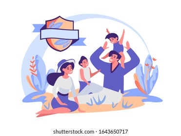 Banner in flat style. Template with text. Background for logo, slogan. Badge, ribbon, flag, shield. Concept of protection from viruses, infection, bacteria, insects, ticks. Care. Quality of goods. 