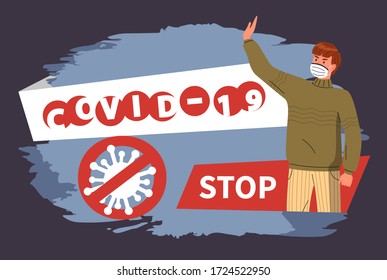 Banner de estilo plano con información de texto, dejar de difundir covid-19. Se cerró la señal con virus. Caricatura con mascarilla respiratoria para prevenir la epidemia mundial. Protesta contra el coronavirus