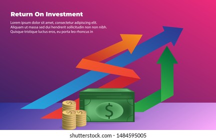 banner flat style vector illustration. business arrow target direction concept to success. chart increase profit. Return on investment ROI. Return on equity ROE, Return on Assets ROA