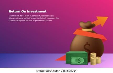 banner flat style vector illustration. business arrow target direction concept to success. chart increase profit. Return on investment ROI. Return on equity ROE, Return on Assets ROA