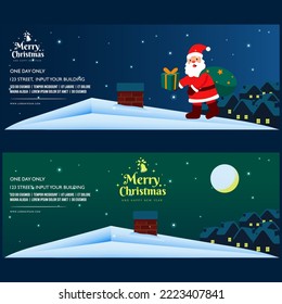 Banner Flayer Design Vorlage Frohe Weihnachten Weihnachten mit Geschenkbox auf dem Dach Grün Blau Farbe