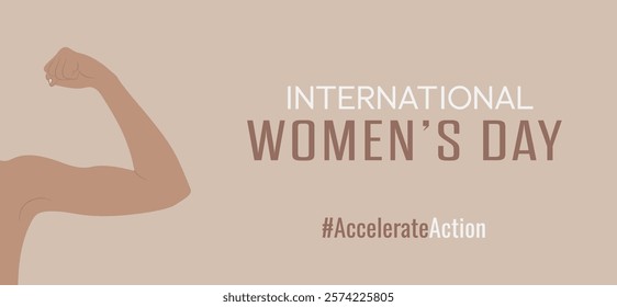 A banner with a flexed arm symbolizes strength, with International Women's Day text and the #AccelerateAction. The vector design includes a mocha mousse color and highlights a female campaign. March 8