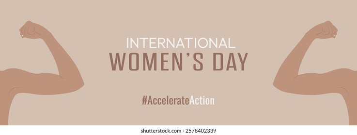 A banner with flexed arms symbolizes strength, with International Women's Day text and the #AccelerateAction. The vector design includes a mocha mousse color and highlights a female campaign. March 8