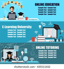 Banner or flier design for online education event. E-learning, distance education, or virtual university background set. Design elements for distance tutorials and education.