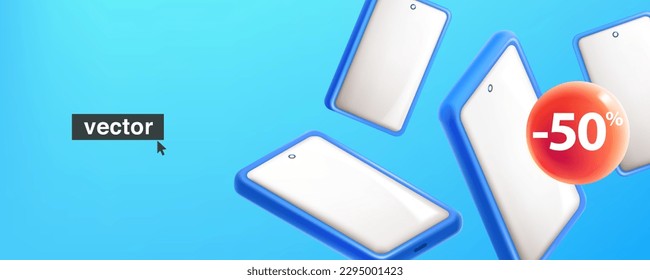 Banner with floating isometric smartphones and percentage sign in red sphere. Realistic 3D geometric objects in fun cartoon plastic style. Social Media illustration with white screen for your design.