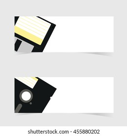 banner with floppy disc icon illustration on grey background