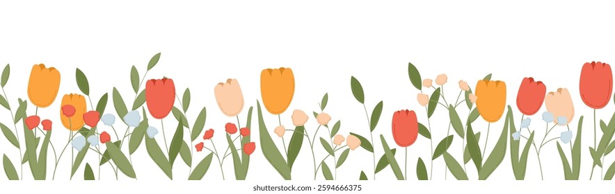 Banner with floral design and spring flower garden border. Summer botanical plant illustration with leaves, tulip and wildflower elements. Wild blossom pattern for background. Nature frame decoration.