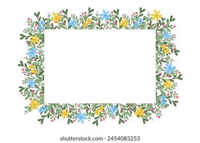 Banner mit Blumenrahmen mit Frühlingsabstrakten Blüten und Zweigen. Horizontale Vorlage im flachen Stil für Kopf- oder Fußzeile isoliert auf weißem Hintergrund