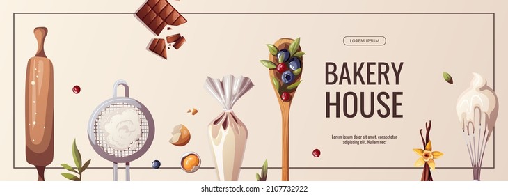 Banner with Flour sieve, whisk, wooden spoon, piping bag, rolling pin. Baking, bakery shop, cooking, sweet products, dessert, pastry concept. Vector illustration for poster, banner,  advertising.