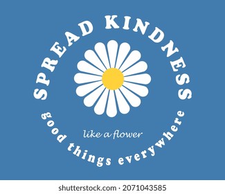 Banner with flower. Peace and care symbol, graphic elements for website. Kindness, hippie spread. Text on blue background, wallpaper. Print for childrens t shirt. Cartoon flat vector illustration