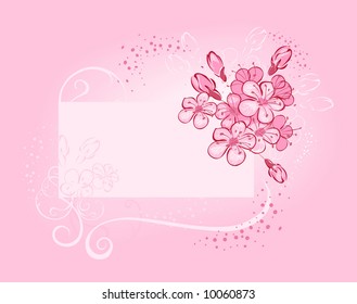 banner with flowering ?????? on pink  luminous background with white pollen and fine frame