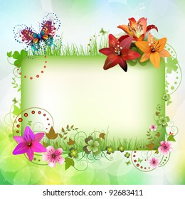 Banner with flowers and butterflies