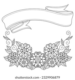 Banner and flowers hand drawn for adult coloring book