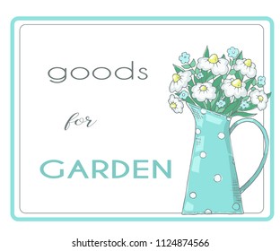 Banner with flowers in jug. Romantic business card. Goods for garden. Bouquet of chamomiles.