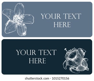 banner flowers set vector illustration, hand drawing, white outline on a dark background, place for text