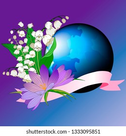 banner with flowers, sky background, bouquet of lily of the valley and crocus