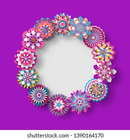 Banner with flowers vector, spring decor isolated card with petals and foliage in bloom, blooming flora decoration of sample with grey area flat style