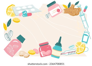 Banner with flu remedies, including natural remedies and medications at backdrop with copy space, flat hand drawn vector illustration. Natural remedies and treatments to alleviate flu and cold symptom