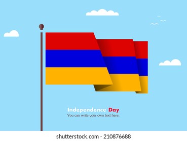 Banner fluttering in the wind on a background of clouds. Flat design. Standard on the flagpole. Blue sky. Independence Day.  Vector. Image. Illustration. Picture. Country. National. Armenian flag