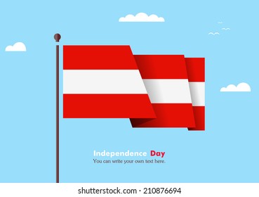 Banner fluttering in the wind on a background of clouds. Flat design. Standard on the flagpole. Blue sky. Independence Day.  Vector. Image. Illustration. Picture. Country. National.  flag of Austria