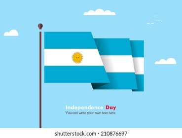 Banner fluttering in the wind on a background of clouds. Flat design. Standard on the flagpole. Blue sky. Independence Day.  Vector. Image. Illustration. Picture. Country. National.  Flag of Argentina