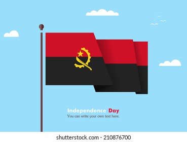 Banner fluttering in the wind on a background of clouds. Flat design. Standard on the flagpole. Blue sky. Independence Day.  Vector. Image. Illustration. Picture. Country. National. flag of Angola