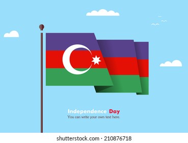 Banner fluttering in the wind on a background of clouds. Flat design. Standard on the flagpole. Blue sky. Independence Day.  Vector. Image. Illustration. Picture. Country. National.  Azerbaijani flag