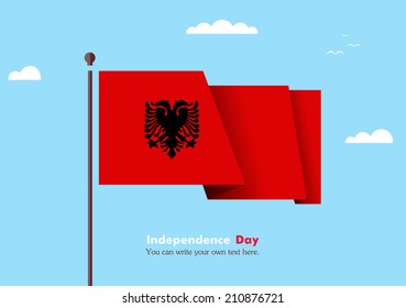 Banner fluttering in the wind on a background of clouds. Flat design. Standard on the flagpole. Blue sky. Independence Day.  Vector. Image. Illustration. Picture. Country. National.  flag of Albania