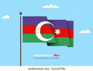 Banner fluttering in the wind on a background of clouds. Flat design. Standard on the flagpole. Blue sky. Independence Day. Stock vector. Icon. Image. Illustration. Picture.  Azerbaijani flag