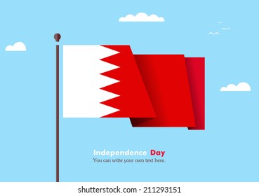 Banner fluttering in the wind on a background of clouds. Flat design. Standard on the flagpole. Blue sky. Independence Day. Stock vector. Icon. Image. Illustration. Picture.  Flag of Bahrain