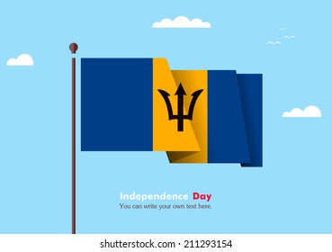 Banner fluttering in the wind on a background of clouds. Flat design. Standard on the flagpole. Blue sky. Independence Day. Stock vector. Icon. Image. Illustration. Picture.  Flag of Barbados