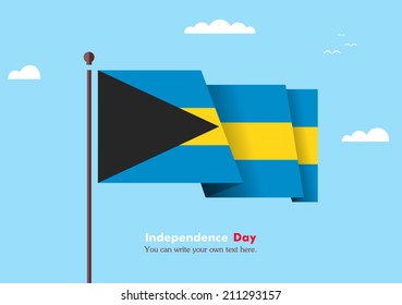 Banner fluttering in the wind on a background of clouds. Flat design. Standard on the flagpole. Blue sky. Independence Day. Stock vector. Icon. Image. Illustration. Picture. Flag of Bahamas