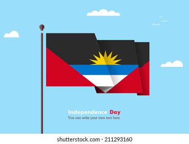 Banner fluttering in the wind on a background of clouds. Flat design. Standard on the flagpole. Blue sky. Independence Day. Stock vector. Icon Image. Illustration. Picture. Flag of Antigua and Barbuda