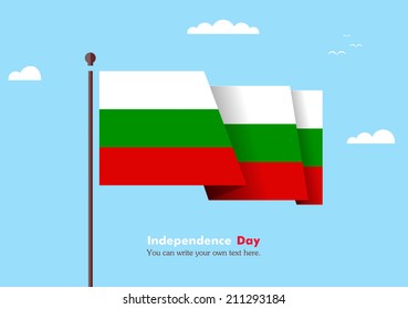 Banner fluttering in the wind on a background of clouds. Flat design. Standard on the flagpole. Blue sky. Independence Day. Stock vector. Icon. Image. Illustration. Picture.  Flag of Bulgaria