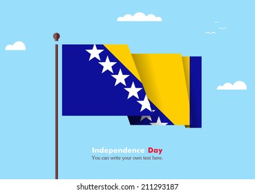 Banner fluttering in the wind on a background of clouds. Flat design. Standard on the flagpole. Blue sky. Independence Day. vector. Icon. Image. Illustration. Picture.  Flag of Bosnia and Herzegovina