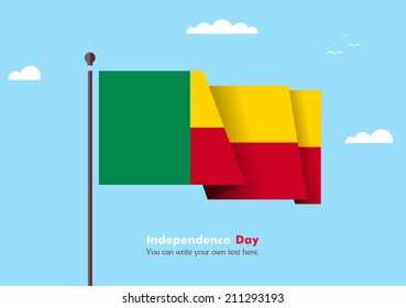Banner fluttering in the wind on a background of clouds. Flat design. Standard on the flagpole. Blue sky. Independence Day. Stock vector. Icon. Image. Illustration. Picture.  Flag of Benin