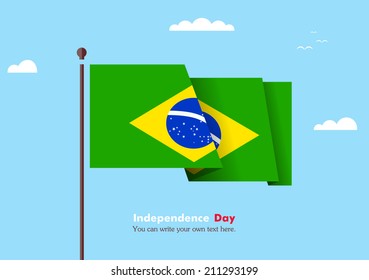 Banner fluttering in the wind on a background of clouds. Flat design. Standard on the flagpole. Blue sky. Independence Day. Stock vector. Icon. Image. Illustration. Picture. Flag of Brazil