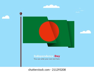 Banner fluttering in the wind on a background of clouds. Flat design. Standard on the flagpole. Blue sky. Independence Day. Stock vector. Icon. Image. Illustration. Picture.  Flag of Bangladesh