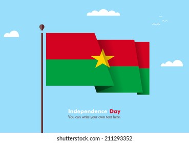 Banner fluttering in the wind on a background of clouds. Flat design. Standard on the flagpole. Blue sky. Independence Day. Stock vector. Icon. Image. Illustration. Picture. Flag of Burkina Faso