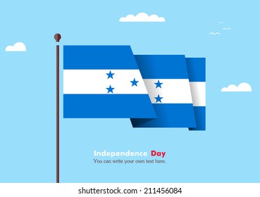 Banner fluttering in the wind on a background of clouds. Flat design. Standard on the flagpole. Blue sky. Independence Day. Stock vector. Icon. Image. Illustration. Picture.  Flag of Honduras