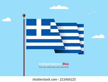 Banner fluttering in the wind on a background of clouds. Flat design. Standard on the flagpole. Blue sky. Independence Day. Stock vector. Icon. Image. Illustration. Picture.  Flag of Greece