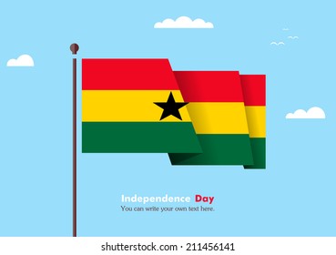 Banner fluttering in the wind on a background of clouds. Flat design. Standard on the flagpole. Blue sky. Independence Day. Stock vector. Icon. Image. Illustration. Picture.  Flag of Ghana