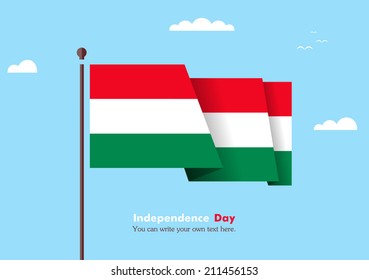 Banner fluttering in the wind on a background of clouds. Flat design. Standard on the flagpole. Blue sky. Independence Day. Stock vector. Icon. Image. Illustration. Picture.  Flag of Hungary