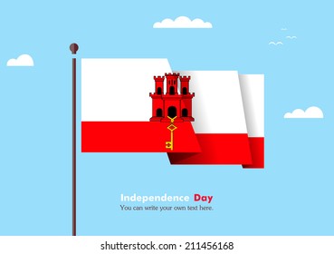 Banner fluttering in the wind on a background of clouds. Flat design. Standard on the flagpole. Blue sky. Independence Day. Stock vector. Icon. Image. Illustration. Picture.  Flag of Gibraltar