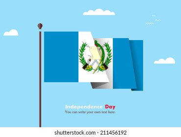 Banner fluttering in the wind on a background of clouds. Flat design. Standard on the flagpole. Blue sky. Independence Day. Stock vector. Icon. Image. Illustration. Picture. Flag of Guatemala