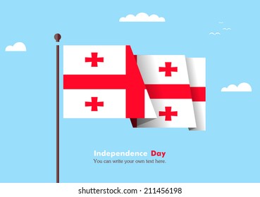 Banner fluttering in the wind on a background of clouds. Flat design. Standard on the flagpole. Blue sky. Independence Day. Stock vector. Icon. Image. Illustration. Picture.  Georgia flag