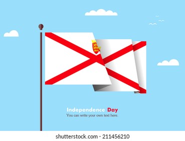 Banner fluttering in the wind on a background of clouds. Flat design. Standard on the flagpole. Blue sky. Independence Day. Stock vector. Icon. Image. Illustration. Picture.  Flag Jersey